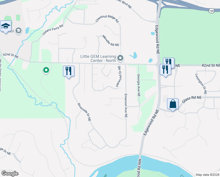 map of restaurants, bars, coffee shops, grocery stores, and more near 5002 North Willowbend Road Northeast in Cedar Rapids