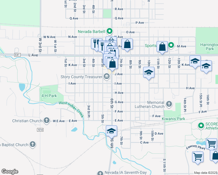 map of restaurants, bars, coffee shops, grocery stores, and more near 508 I Avenue in Nevada