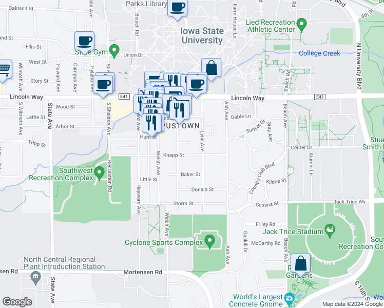 map of restaurants, bars, coffee shops, grocery stores, and more near 2327 Knapp Street in Ames