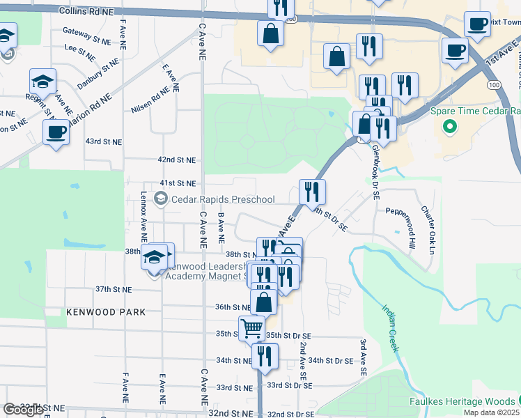 map of restaurants, bars, coffee shops, grocery stores, and more near 155 40th Street Northeast in Cedar Rapids
