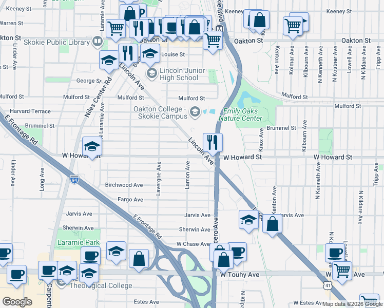 map of restaurants, bars, coffee shops, grocery stores, and more near 4855 Dobson Street in Skokie