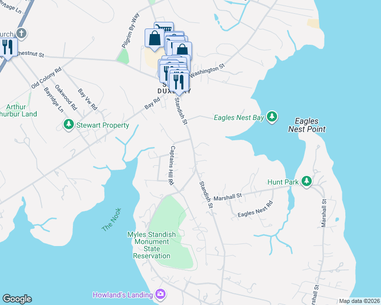 map of restaurants, bars, coffee shops, grocery stores, and more near 104 Standish Street in Duxbury