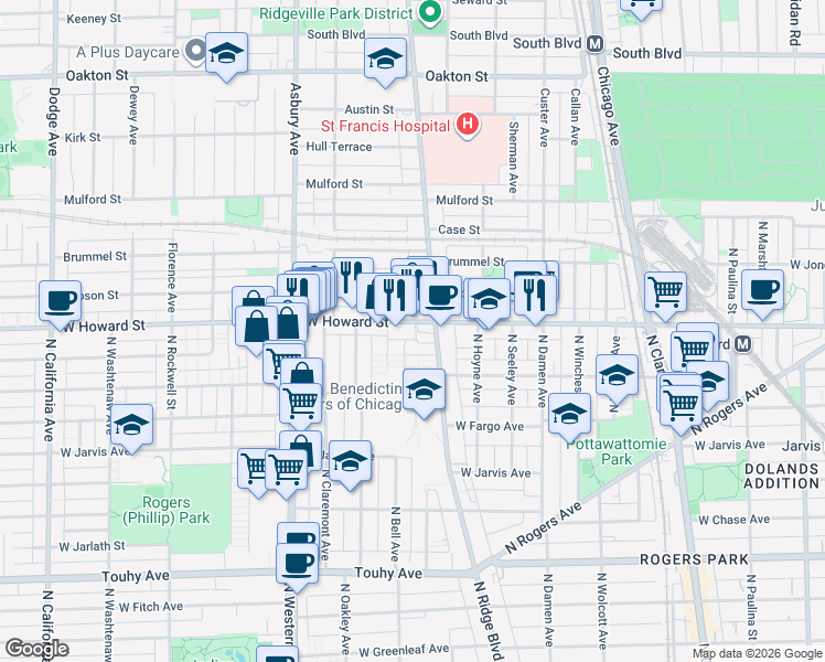 map of restaurants, bars, coffee shops, grocery stores, and more near 2219 West Howard Street in Chicago