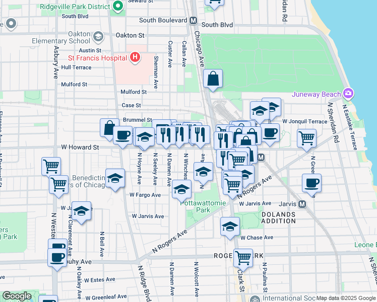 map of restaurants, bars, coffee shops, grocery stores, and more near 7545 North Winchester Avenue in Chicago