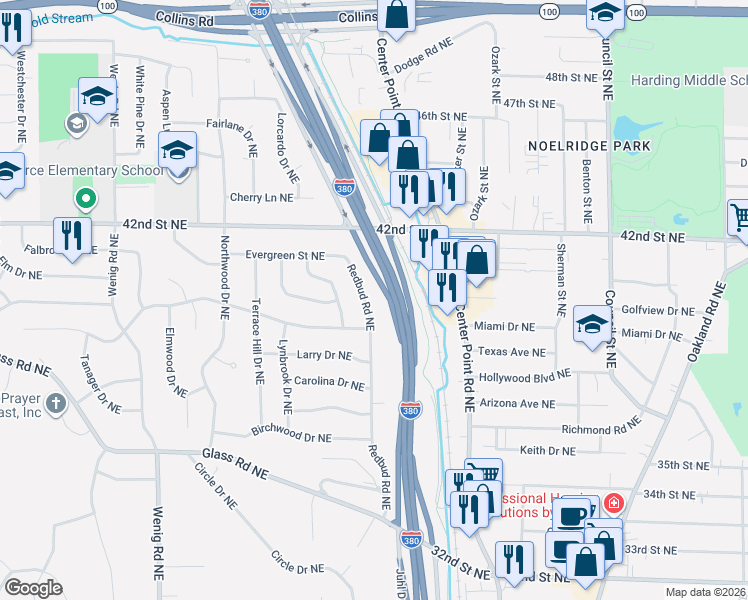 map of restaurants, bars, coffee shops, grocery stores, and more near 3824 Redbud Rd NE in Cedar Rapids
