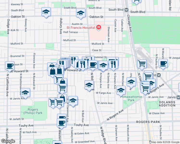 map of restaurants, bars, coffee shops, grocery stores, and more near 2219 West Howard Street in Chicago