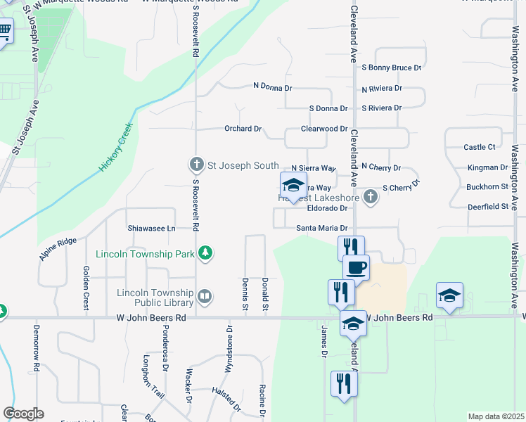 map of restaurants, bars, coffee shops, grocery stores, and more near 2000 Eldorado Drive in Stevensville