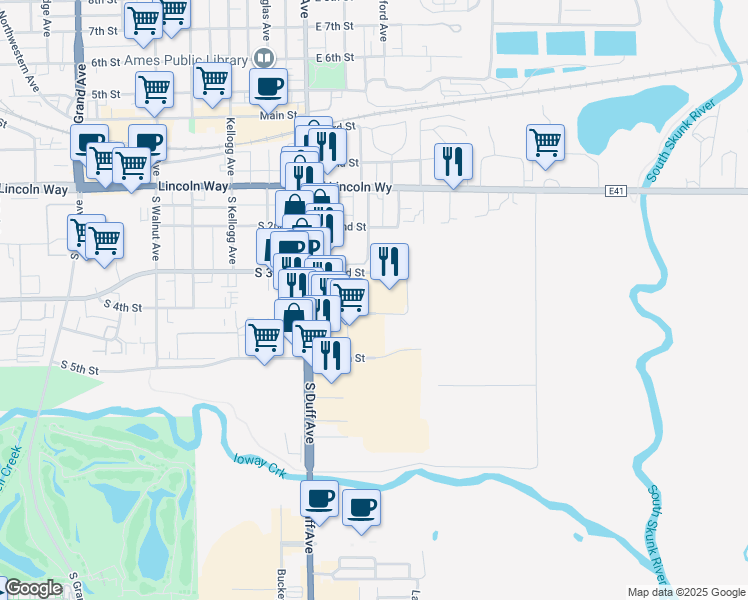 map of restaurants, bars, coffee shops, grocery stores, and more near 320 South Duff Avenue in Ames
