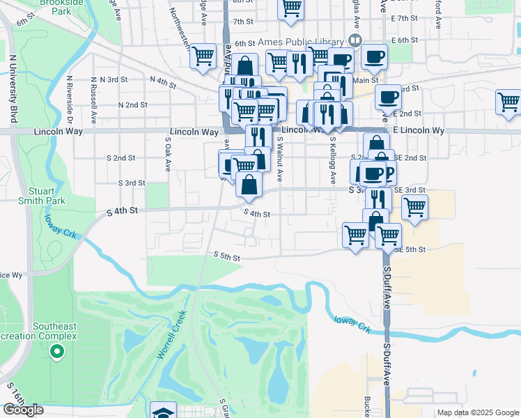 map of restaurants, bars, coffee shops, grocery stores, and more near 515 South 4th Street in Ames