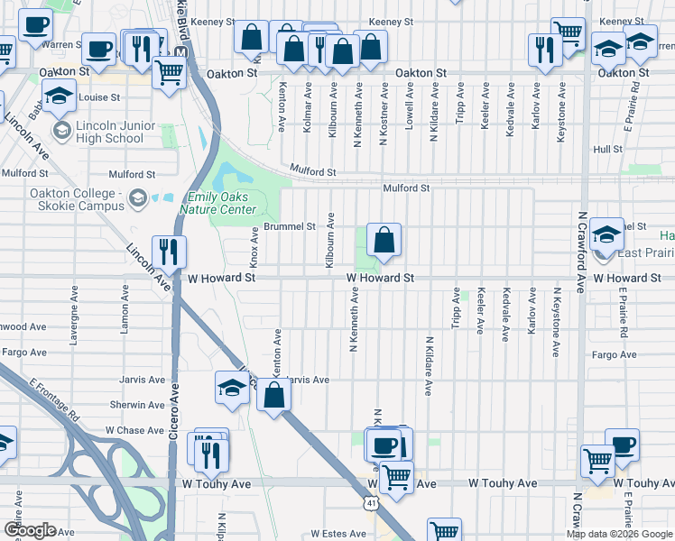 map of restaurants, bars, coffee shops, grocery stores, and more near 7616 Kenneth Avenue in Skokie
