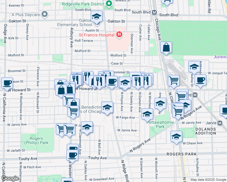 map of restaurants, bars, coffee shops, grocery stores, and more near 819 West Howard Street in Evanston