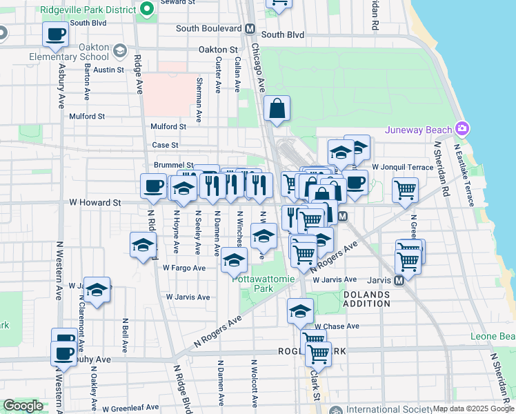map of restaurants, bars, coffee shops, grocery stores, and more near in Evanston