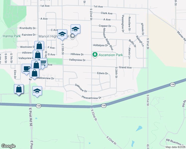 map of restaurants, bars, coffee shops, grocery stores, and more near 2215 Edwin Drive in Marion