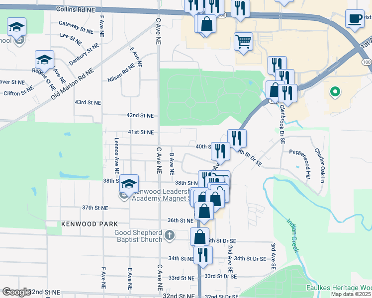 map of restaurants, bars, coffee shops, grocery stores, and more near 225 40th Street Northeast in Cedar Rapids
