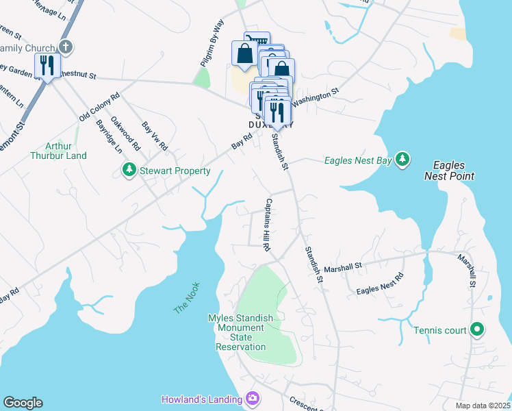 map of restaurants, bars, coffee shops, grocery stores, and more near 12 Elderberry Lane in Duxbury