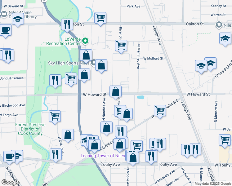 map of restaurants, bars, coffee shops, grocery stores, and more near 6300 West Howard Street in Niles