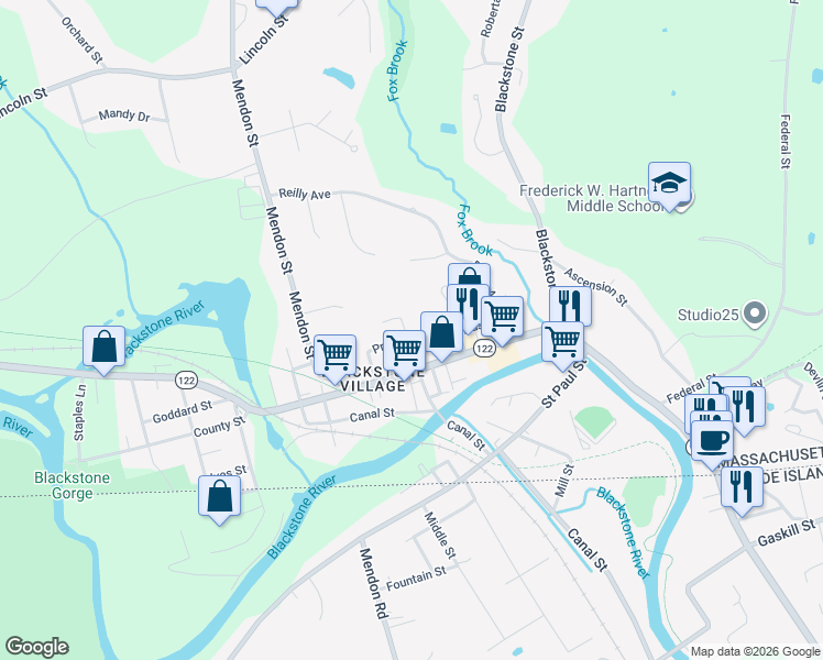 map of restaurants, bars, coffee shops, grocery stores, and more near 10 Prospect Street in Blackstone