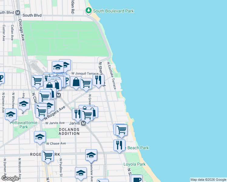 map of restaurants, bars, coffee shops, grocery stores, and more near 7601 North Eastlake Terrace in Chicago
