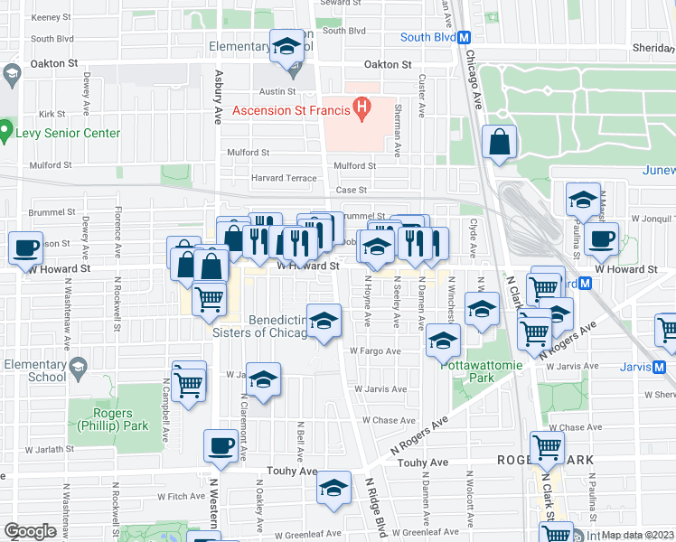 map of restaurants, bars, coffee shops, grocery stores, and more near 819 West Howard Street in Evanston