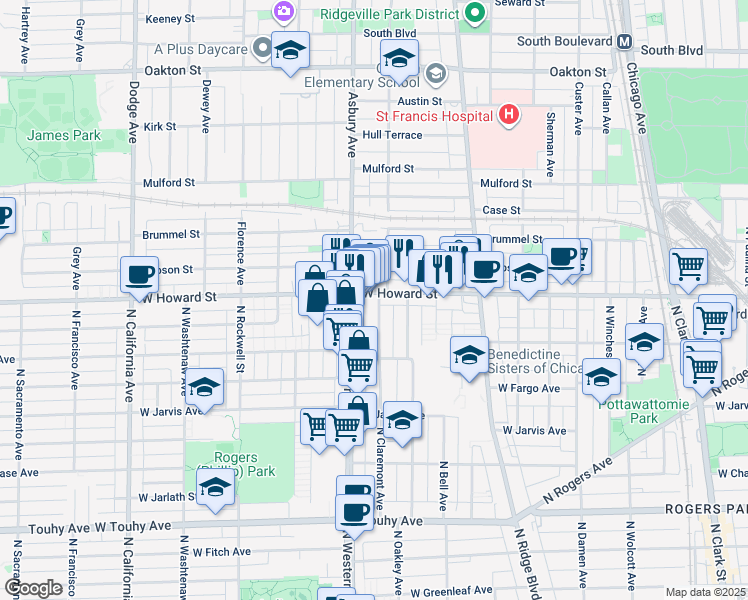 map of restaurants, bars, coffee shops, grocery stores, and more near in Evanston