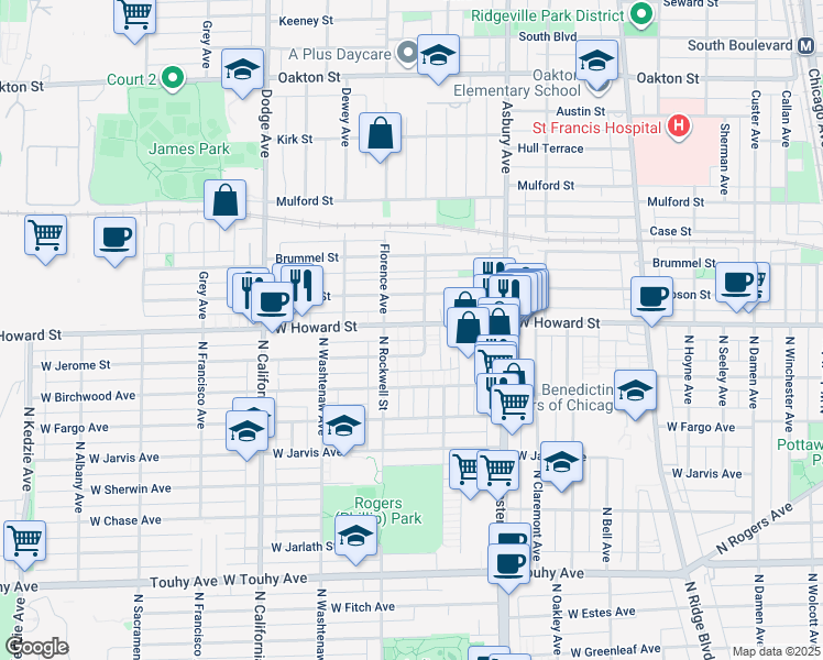 map of restaurants, bars, coffee shops, grocery stores, and more near 1525 West Howard Street in Evanston