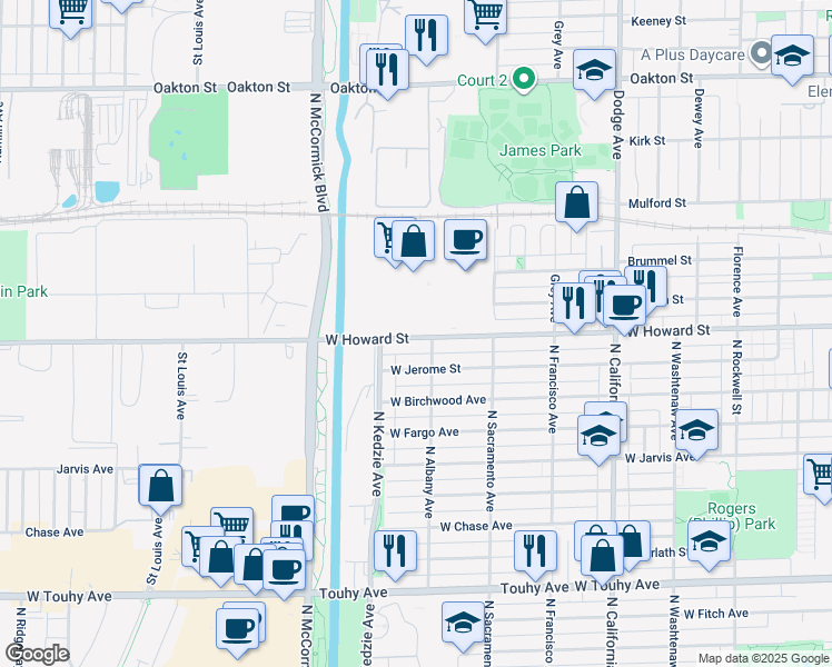 map of restaurants, bars, coffee shops, grocery stores, and more near 2400 West Howard Street in Evanston