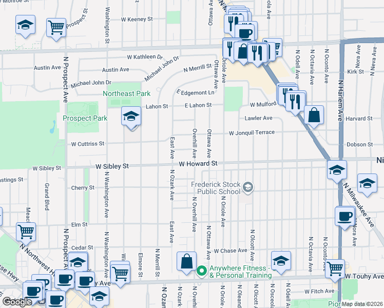 map of restaurants, bars, coffee shops, grocery stores, and more near 131 Joyce Place in Park Ridge
