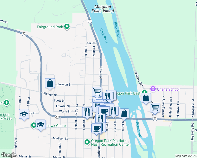 map of restaurants, bars, coffee shops, grocery stores, and more near 408 North 4th Street in Oregon