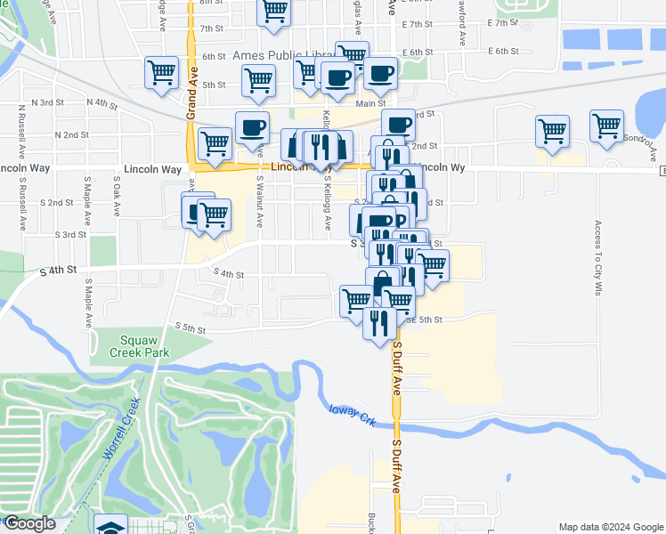 map of restaurants, bars, coffee shops, grocery stores, and more near 301 South 4th Street in Ames