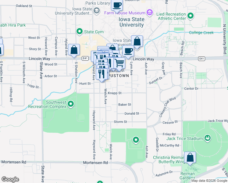 map of restaurants, bars, coffee shops, grocery stores, and more near 324 Welch Avenue in Ames