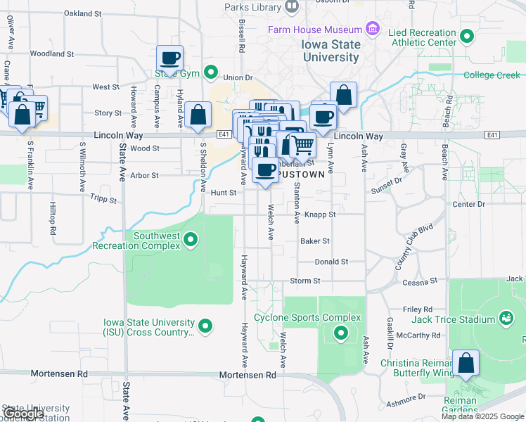 map of restaurants, bars, coffee shops, grocery stores, and more near 2519 Knapp Street in Ames
