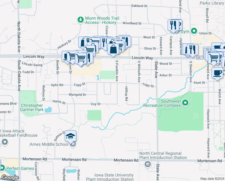 map of restaurants, bars, coffee shops, grocery stores, and more near 241 Village Drive in Ames