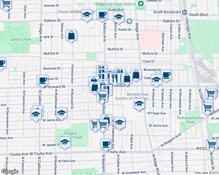 map of restaurants, bars, coffee shops, grocery stores, and more near in Evanston