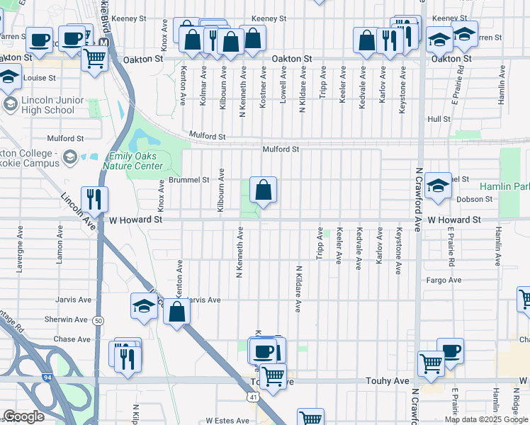 map of restaurants, bars, coffee shops, grocery stores, and more near 7640 Kostner Avenue in Skokie