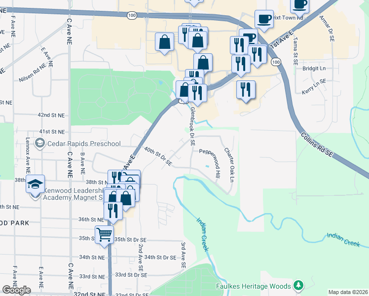 map of restaurants, bars, coffee shops, grocery stores, and more near 4013 Westover Road Southeast in Cedar Rapids