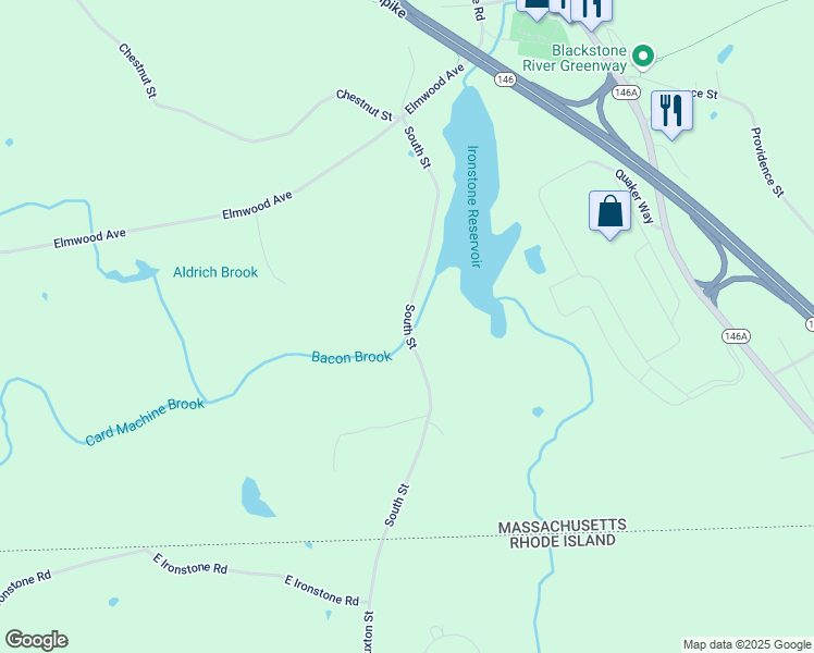 map of restaurants, bars, coffee shops, grocery stores, and more near Uxbridge Street in Uxbridge