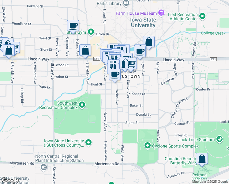 map of restaurants, bars, coffee shops, grocery stores, and more near 325 Welch Avenue in Ames