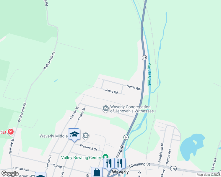 map of restaurants, bars, coffee shops, grocery stores, and more near 304 Norris Rd in Waverly