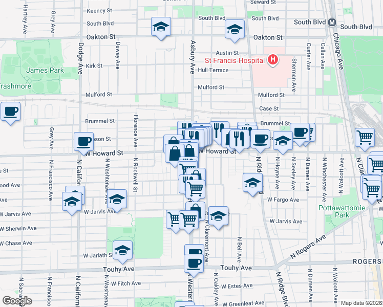 map of restaurants, bars, coffee shops, grocery stores, and more near 11442 North Western Avenue in Chicago