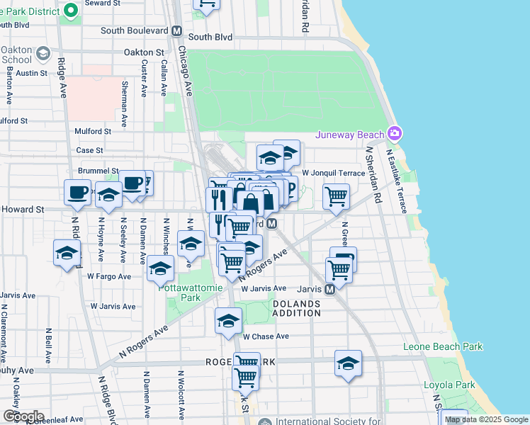 map of restaurants, bars, coffee shops, grocery stores, and more near Howard St & N Paulina St in Chicago