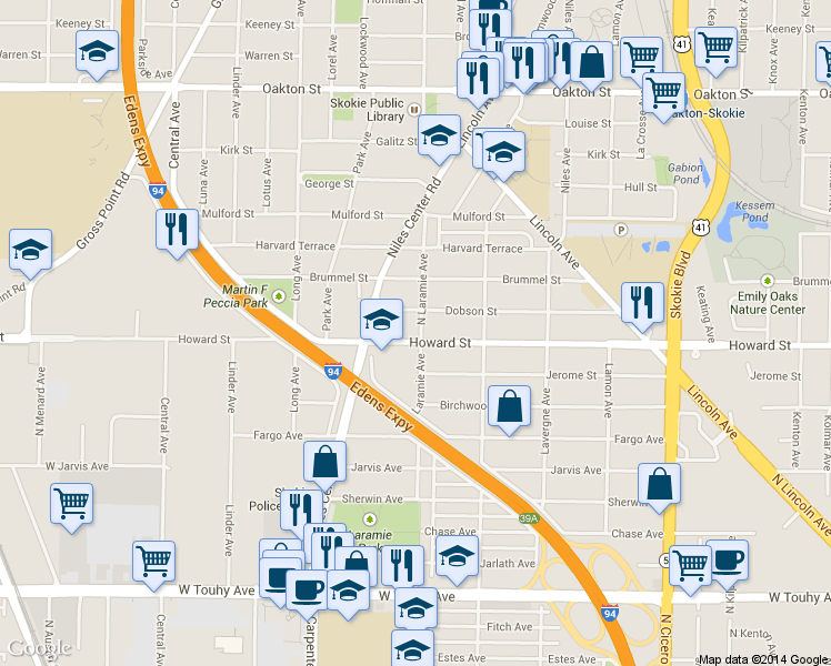 map of restaurants, bars, coffee shops, grocery stores, and more near 7600 Laramie Ave in Skokie