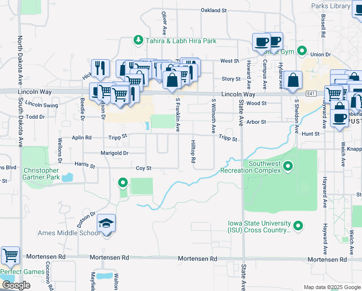 map of restaurants, bars, coffee shops, grocery stores, and more near 246 South Franklin Avenue in Ames