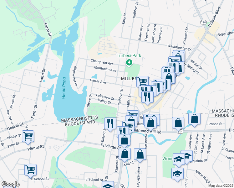 map of restaurants, bars, coffee shops, grocery stores, and more near 630 Rathbun Street in Blackstone