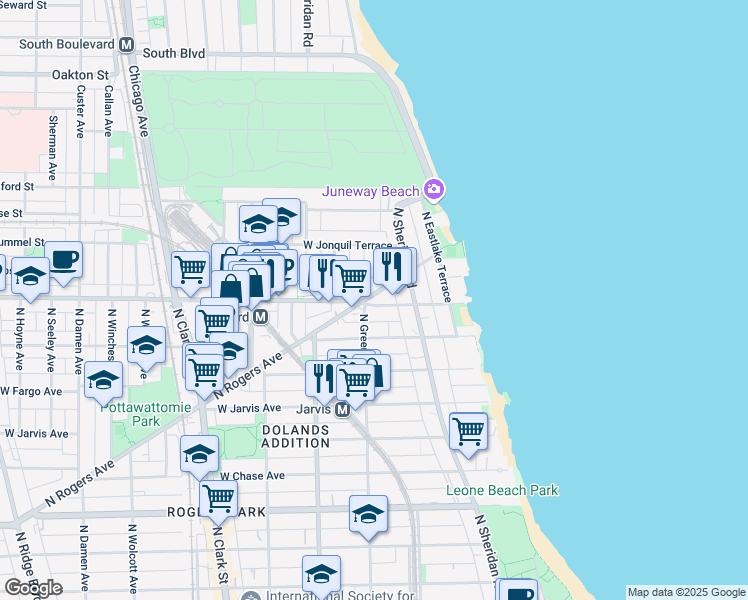 map of restaurants, bars, coffee shops, grocery stores, and more near 7619 North Rogers Avenue in Chicago