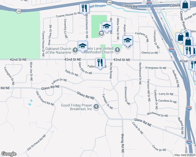 map of restaurants, bars, coffee shops, grocery stores, and more near 2604 Falcon Drive Northeast in Cedar Rapids