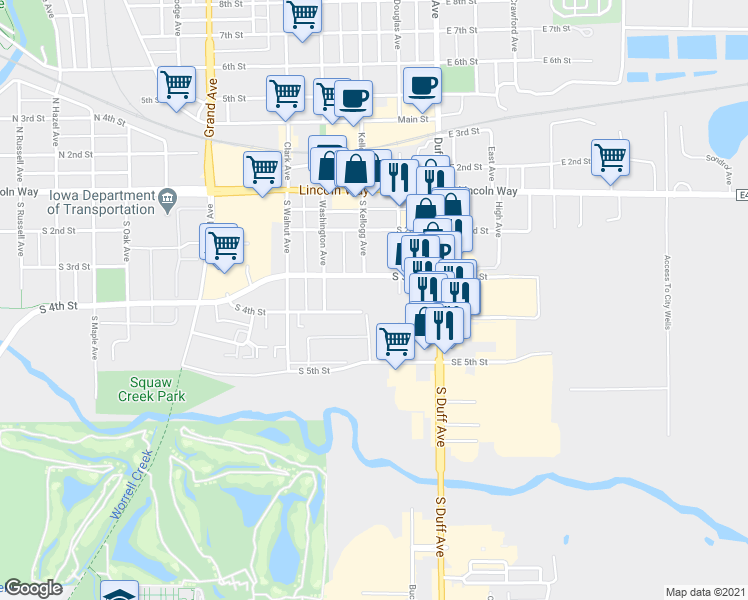 map of restaurants, bars, coffee shops, grocery stores, and more near 301 South 4th Street in Ames