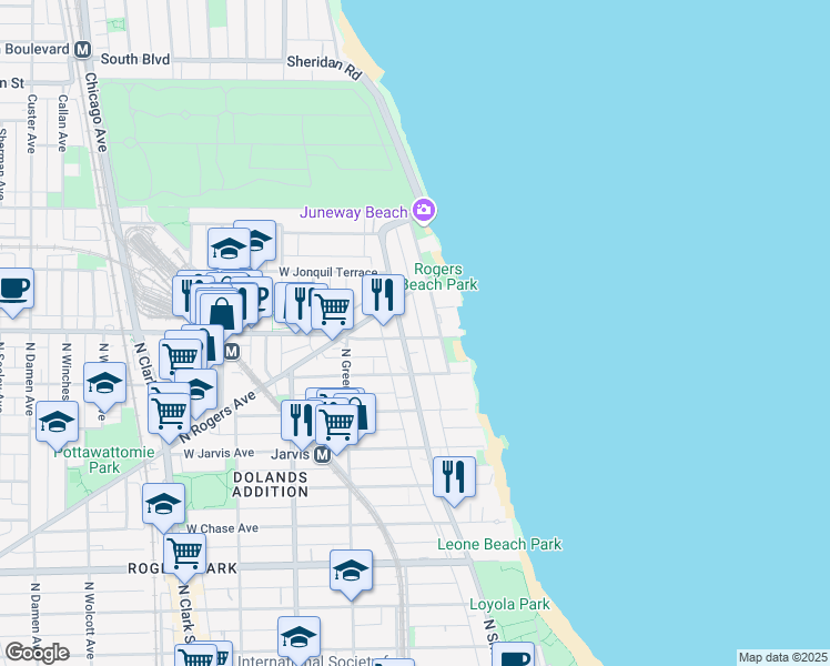 map of restaurants, bars, coffee shops, grocery stores, and more near 7601 North Sheridan Road in Chicago