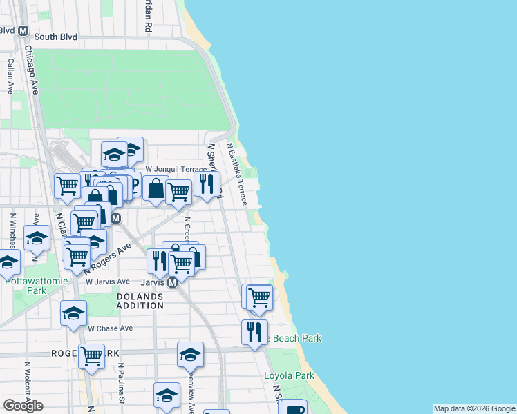map of restaurants, bars, coffee shops, grocery stores, and more near 7609 North Eastlake Terrace in Chicago