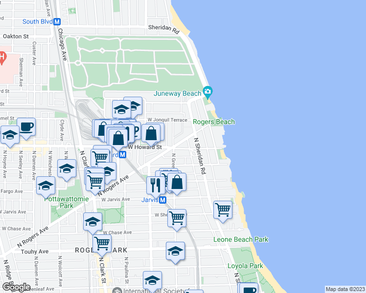 map of restaurants, bars, coffee shops, grocery stores, and more near 7619 North Rogers Avenue in Chicago