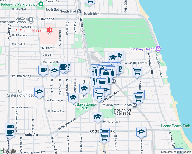 map of restaurants, bars, coffee shops, grocery stores, and more near 415 West Howard Street in Evanston